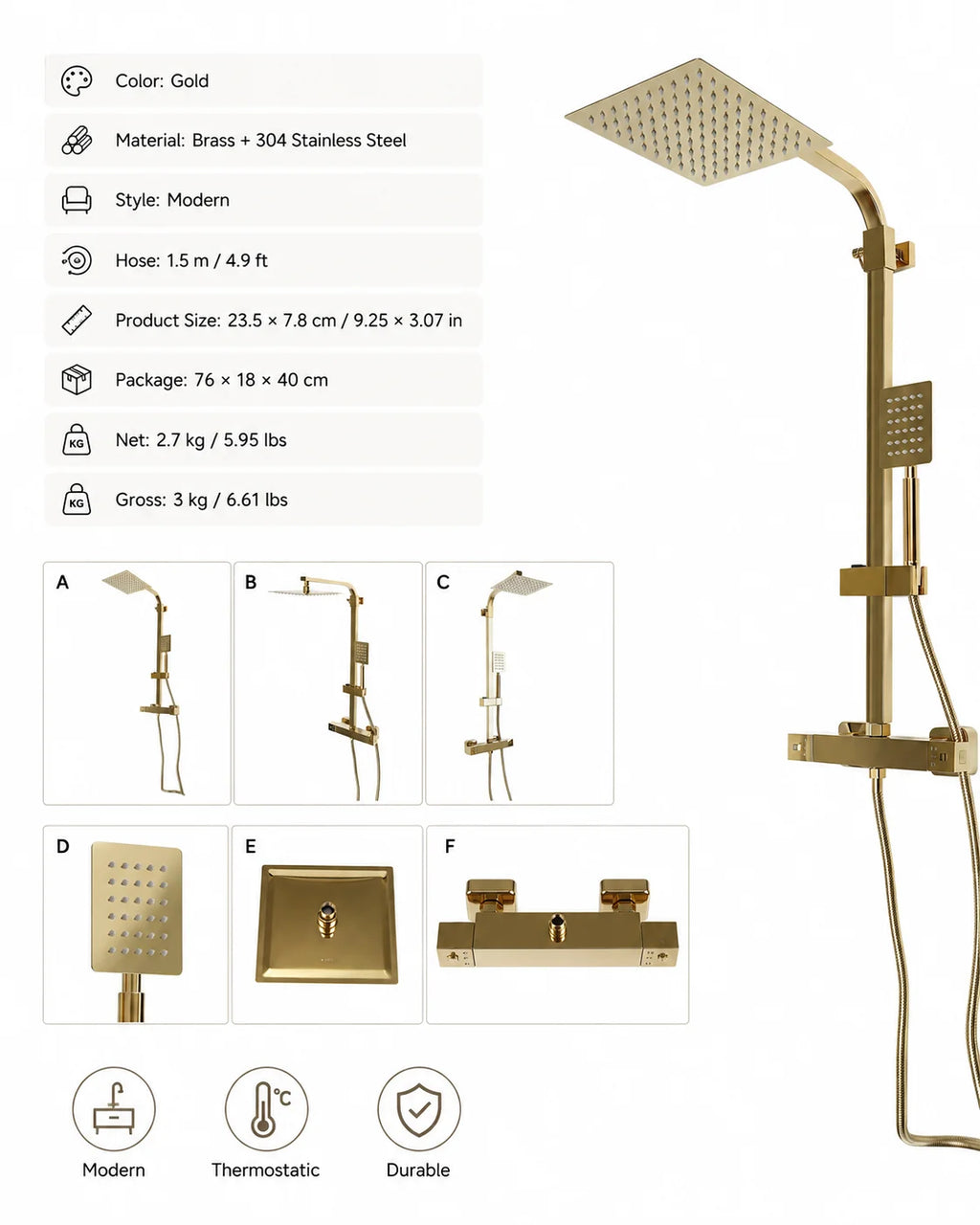 Thermostatic Shower System with Rain Shower Head, Gold Brass Shower Column Set, 304 Stainless Steel 180° Rotating Overhead Shower, 2-Button Temperature Control 0-176°F, Height Adjustable, Anti-Tangle Hose, for Hotel Home KT