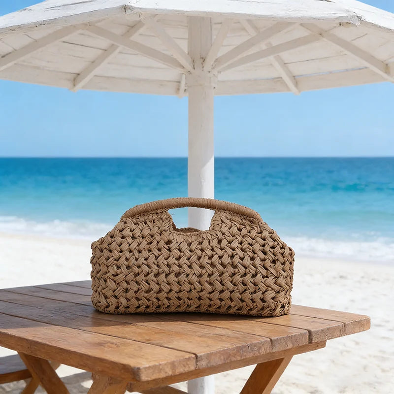 Women's Brand Fashion Clip Handbag, Bohemian Style Large Capacity Travel Woven Bag Popular Elegant Raffia Handmade Crossbody Bag