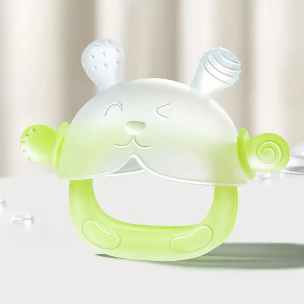 Green silicone baby teething ring toy for infant relief.