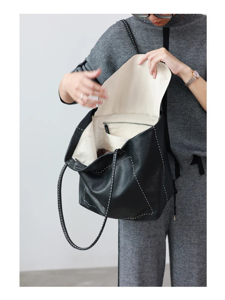 Women Large Capacity Genuine Leather Tote Soft Shoulder Bag