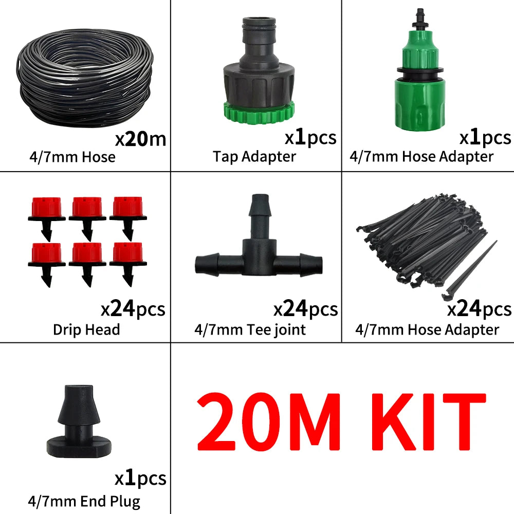 20M micro drip irrigation kit parts: black hose coil, tap adapter, hose adapter, drip heads