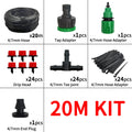 20M micro drip irrigation kit parts: black hose coil, tap adapter, hose adapter, drip heads