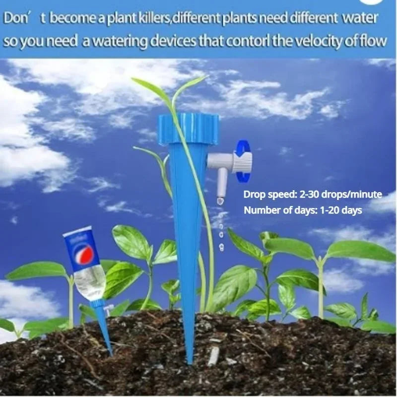 Blue adjustable drip irrigation stakes inserted in soil with nozzle flow control