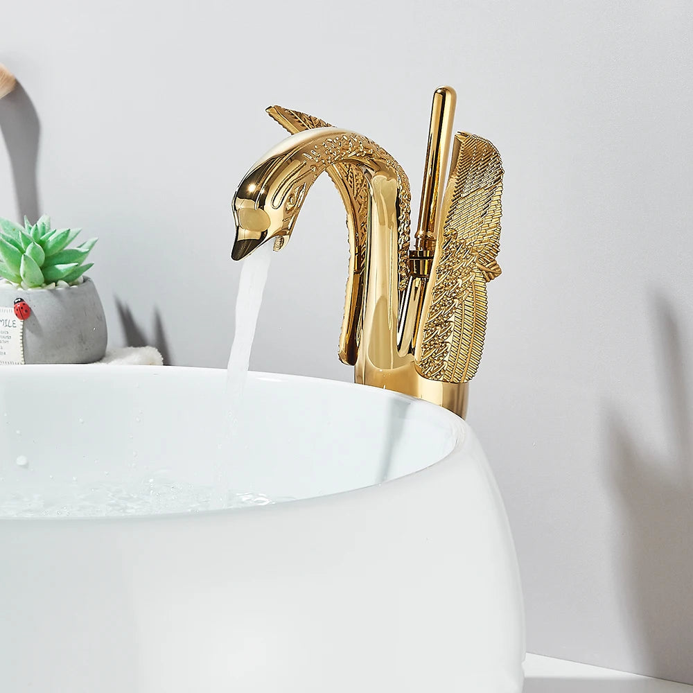 Gold Swan Bathroom Basin Faucet Deck Mounted Mixer Taps Hot and Cold Water Basinwash Sink Mixers Brass Tap