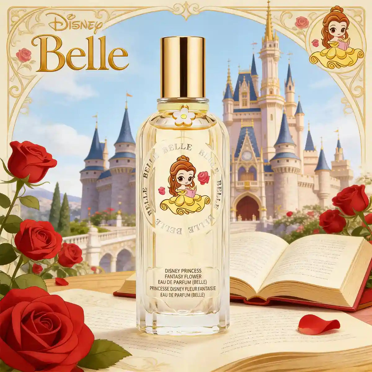 MINISO Disney Belle EDP: 60ml luxury floral perfume in cylindrical bottle for women. Beauty & Beast gift fragrance.