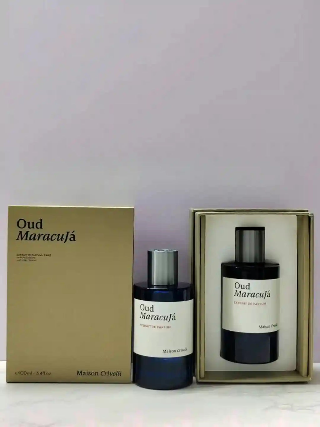 Maison Crivelli Oud Maracuja Extrait de Parfum 100ml: unisex exotic oud and passionfruit fragrance in a glass bottle.