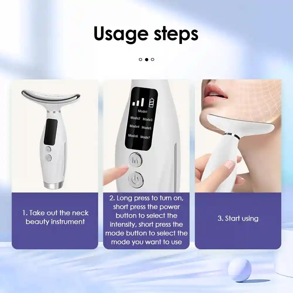 White T-shaped facial and neck massage device with an LED screen, showing 3 usage steps and controls.