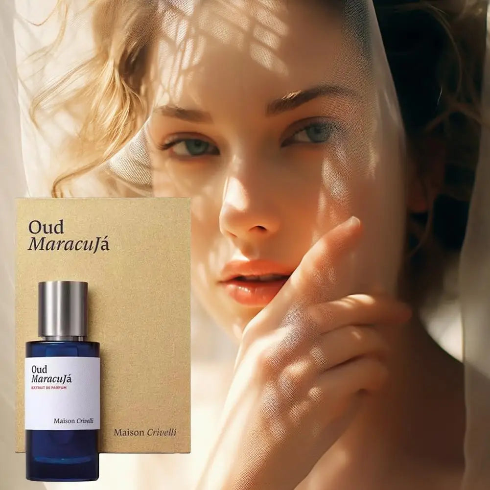Maison Crivelli Oud Maracuja Extrait de Parfum: unisex blue glass bottle spray for niche oud and passionfruit fragrance.