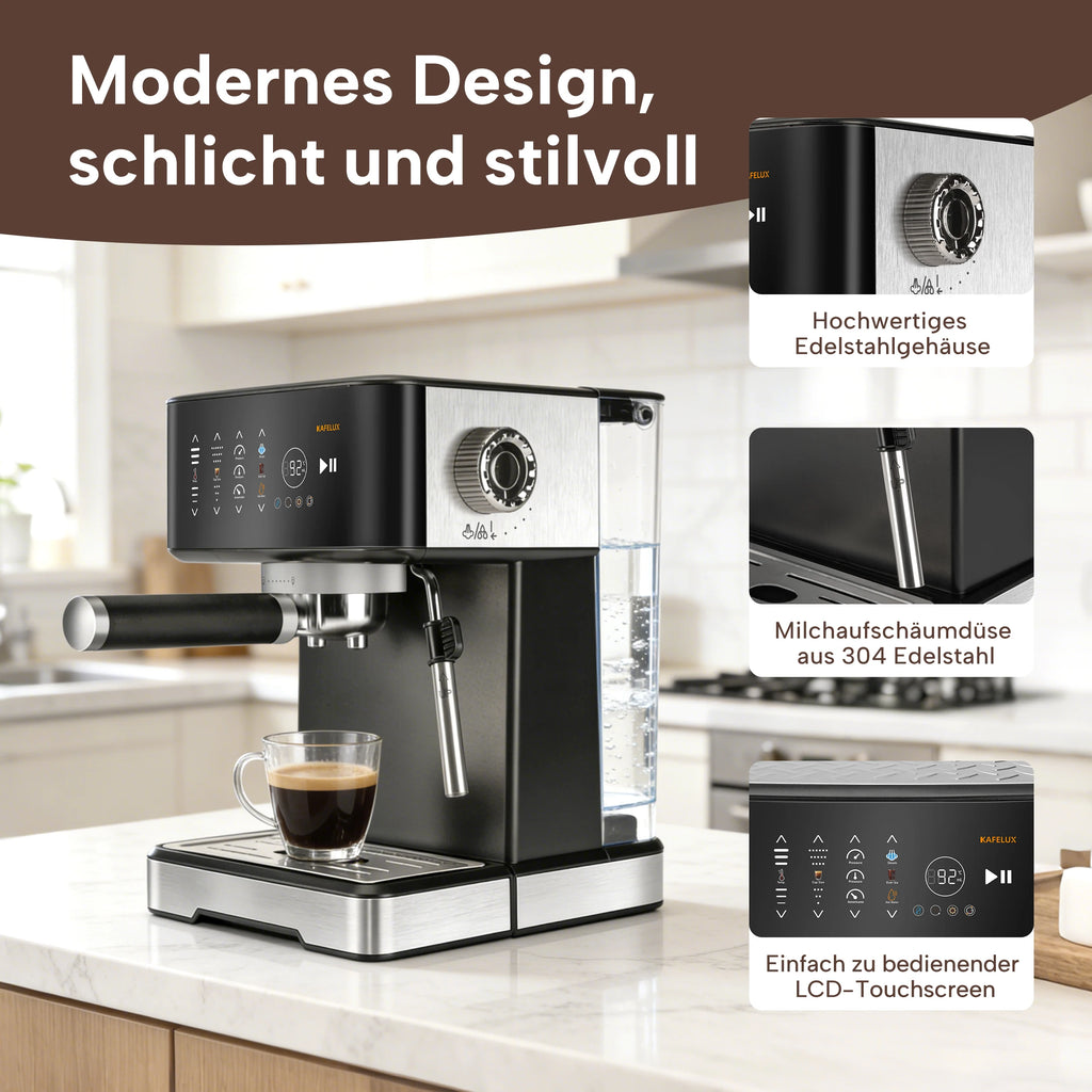 Kafelux stainless steel and black espresso machine with LCD touchscreen, milk frother, and visible water tank.