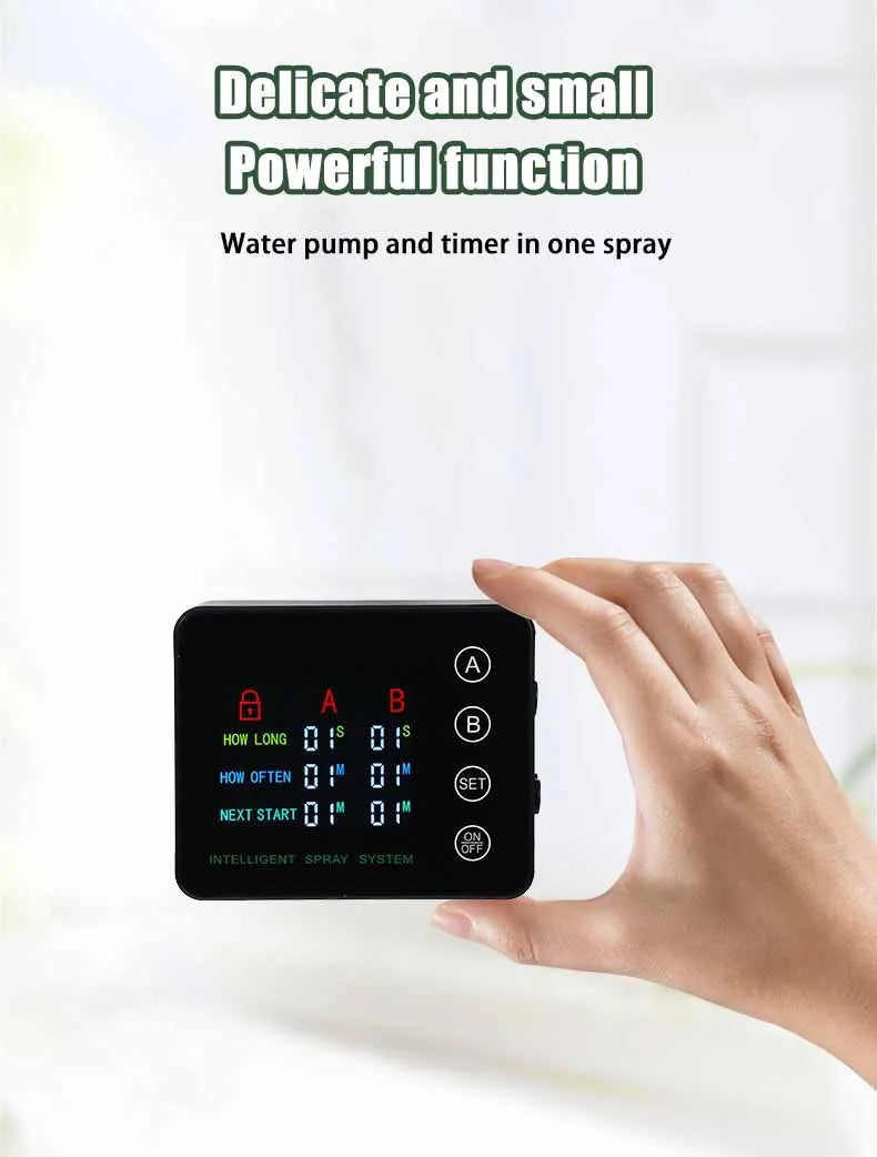 Black automatic mist timing control box with touch-ready button panel and display