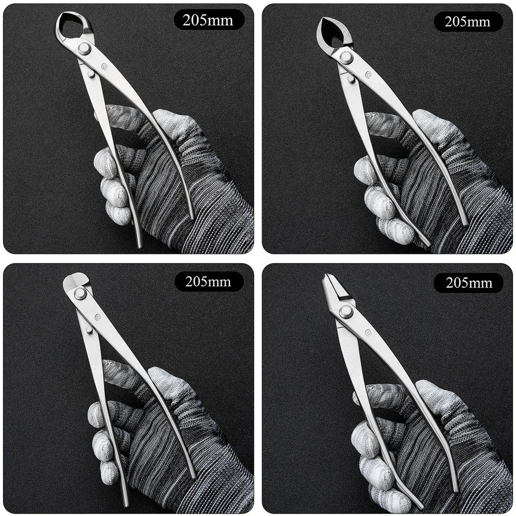 Silver bonsai pruners with curved blades on dark woven fabric, tool set detail