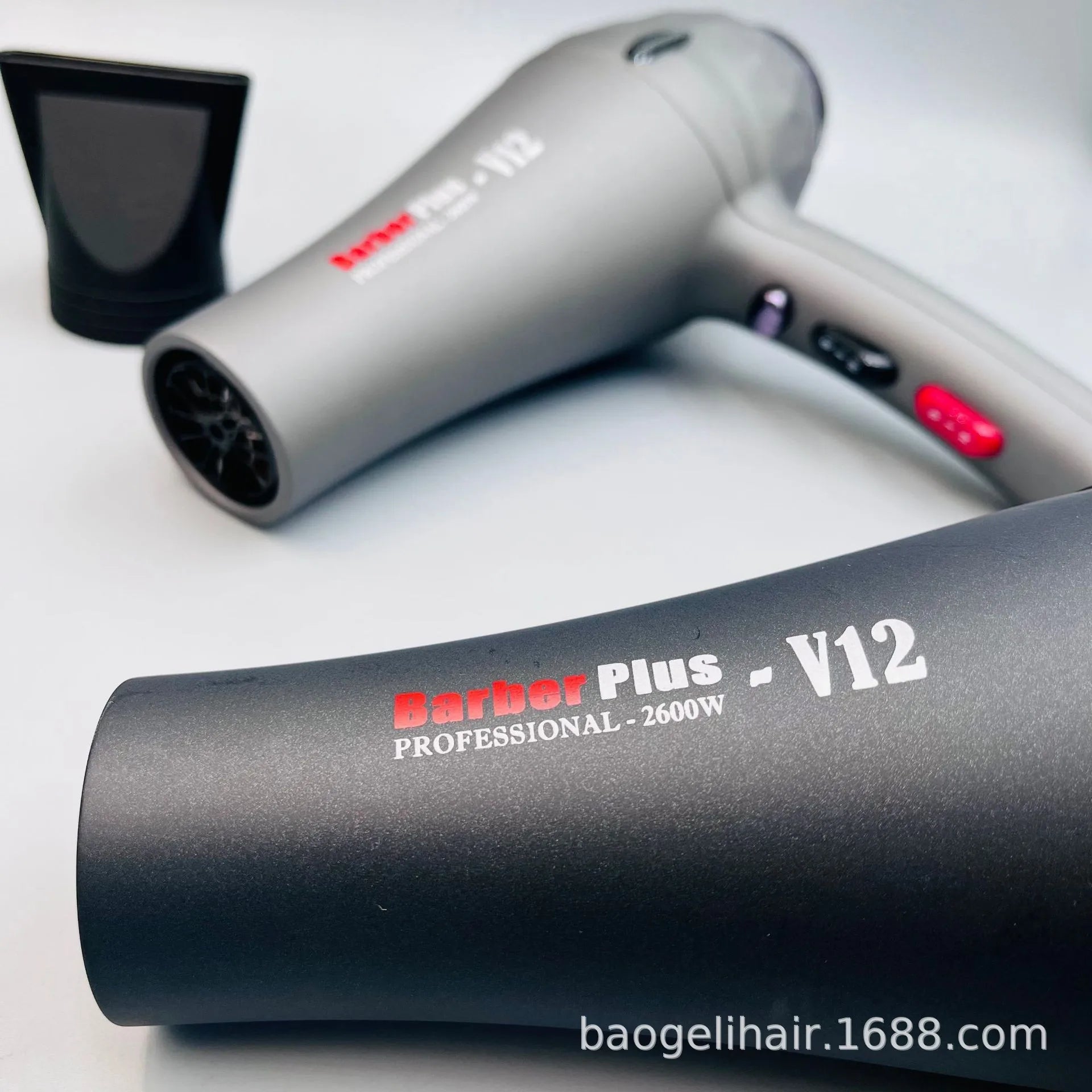 2600W Barber Plus V12 professional negative ion hair dryer in matte grey with concentrator nozzle attachment.