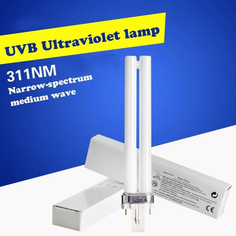 311nm UVB narrow-spectrum fluorescent lamp with a twin-tube design and 2-pin base for medical phototherapy treatment.