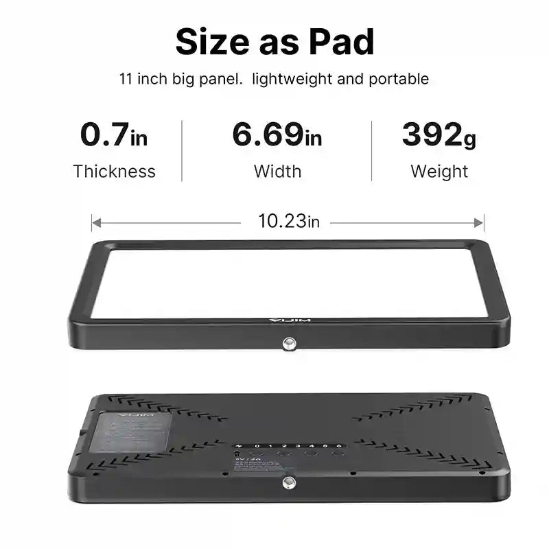 Rectangular 11-inch black LED light panel for portable studio photography, showing front and back dimensions.