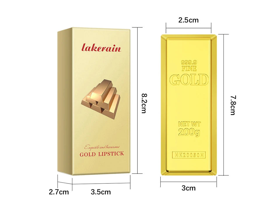 Lakerain gold brick tube lipstick in shimmering, waterproof formula with luxurious metallic gold packaging dimensions.