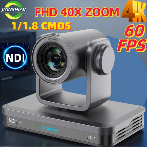 4K PTZ streaming camera with zoom lens on gray base, marked NDI and 4K.