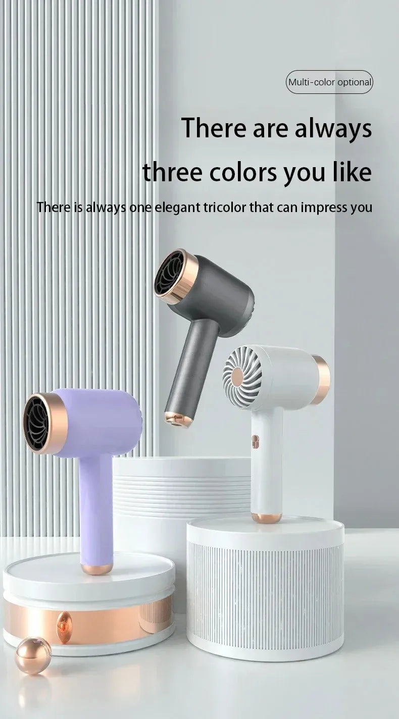 Portable USB rechargeable hair dryers in purple, grey, and white with rose gold accents for travel and home use.