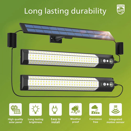 Black solar LED security light with separate solar panel and two connected LED light bars for outdoor use.