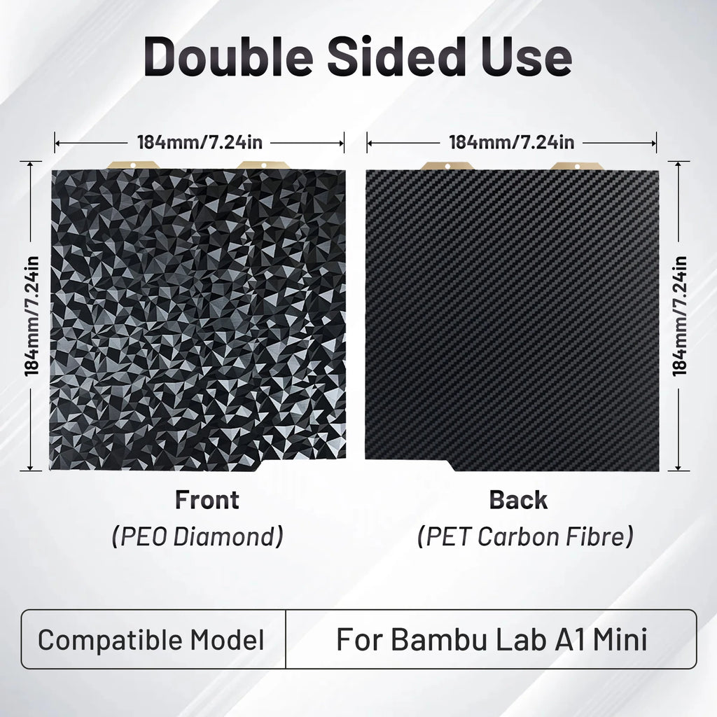 Double-sided 184x184mm build plate for Bambu Lab A1 Mini featuring PEO Diamond and PET Carbon Fiber steel sheets.
