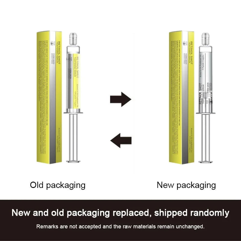 Old vs new Retinol Shot dropper packaging with arrows and replacement message