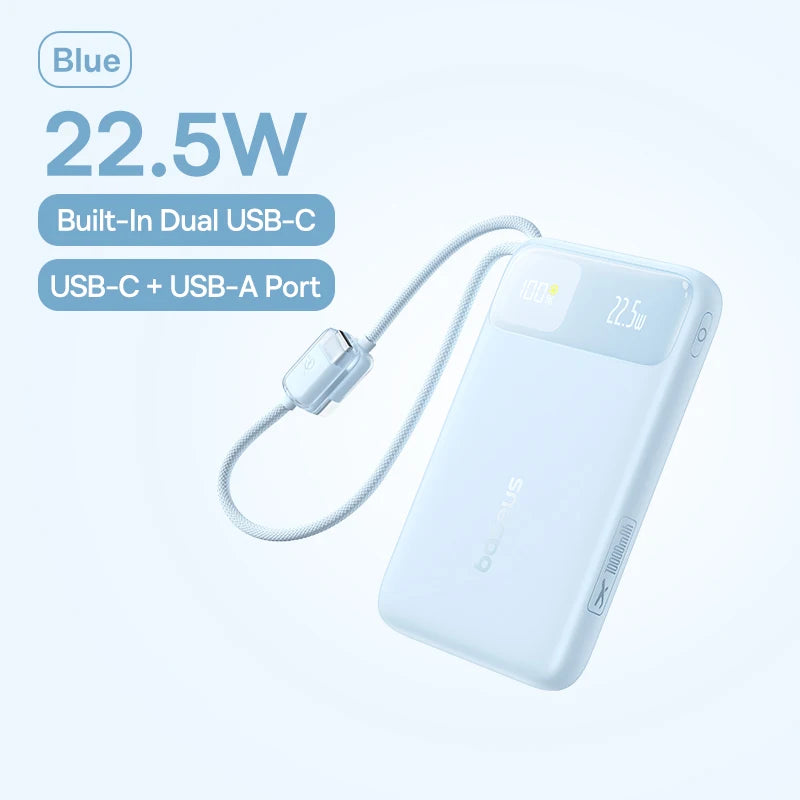 Light blue 10000mAh portable power bank with a built-in USB-C cable, digital display, and side USB ports.
