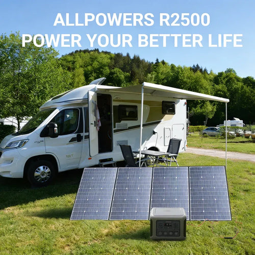 ALLPOWERS R2500 power station and solar panels charging in a grassy campsite next to a white RV.