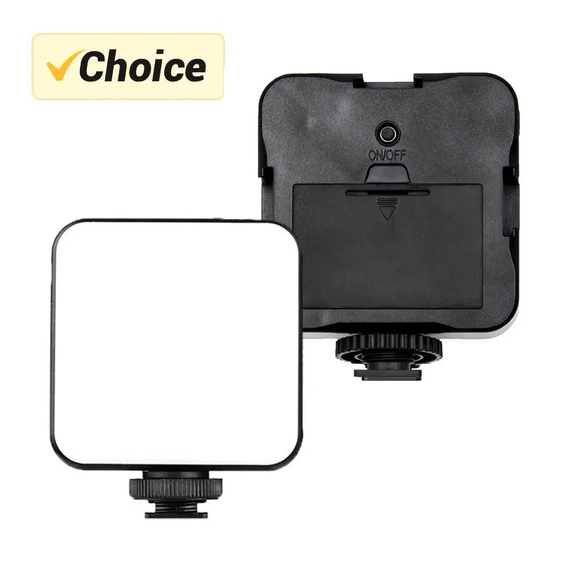Square LED video light with white front panel, black casing, and camera shoe mount for photography and vlogging.