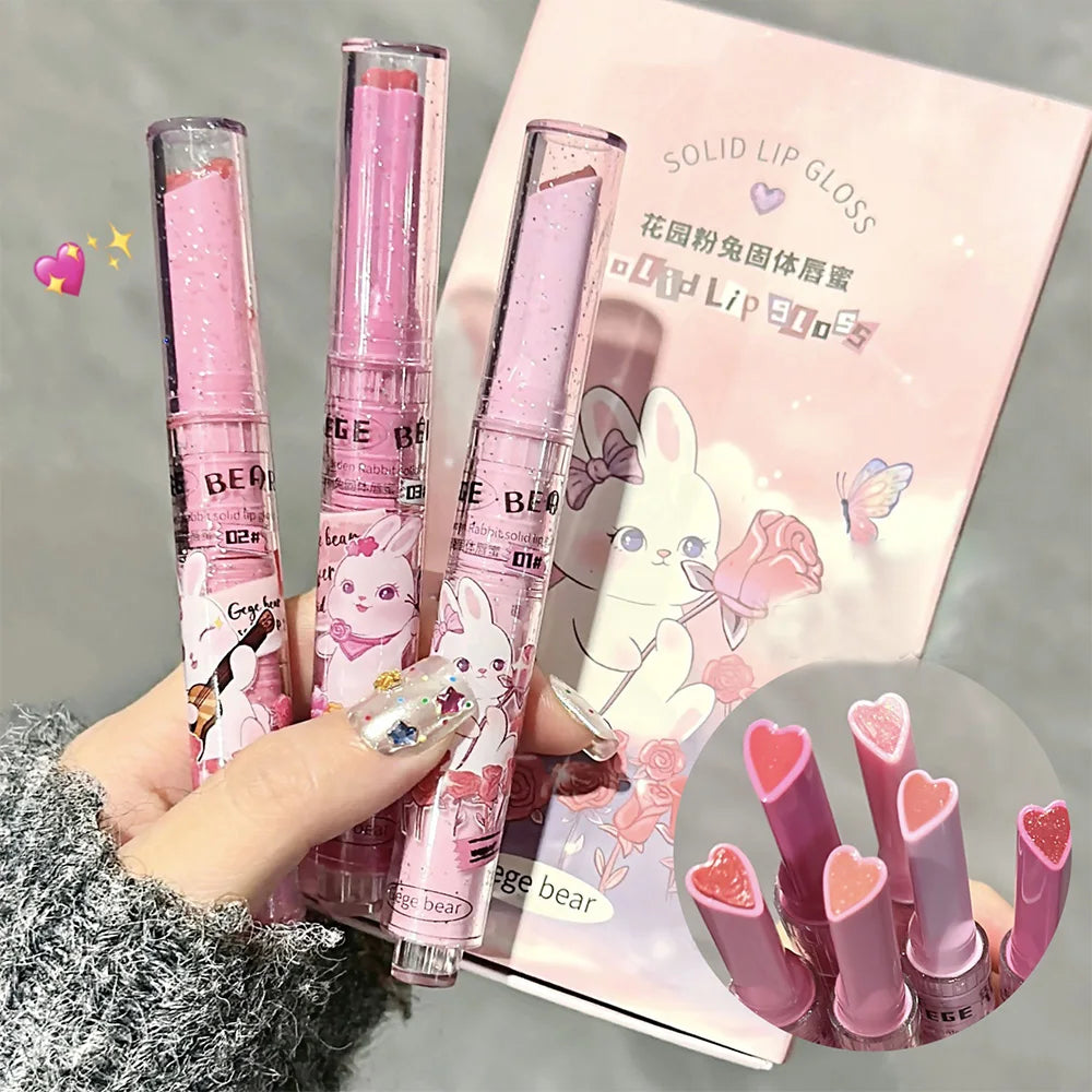 Gege Bear Garden Pink Rabbit solid lip gloss with heart-shaped moisturizing balm in watery, pigmented shades.
