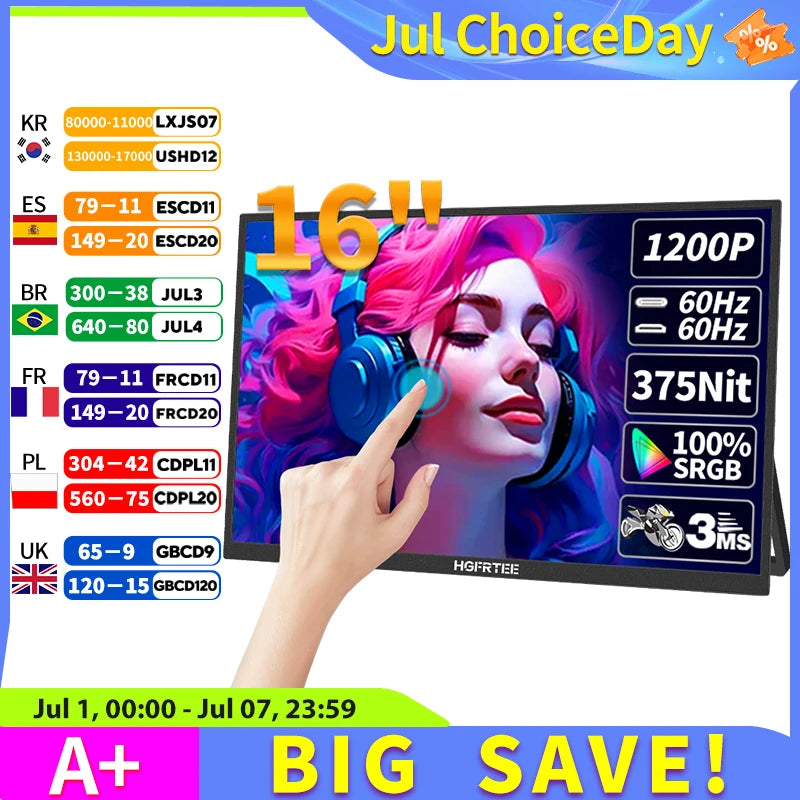 HGFRTEE 16inch Touch Portable Monitor 16:10 96%sRGB 350Cd/m² Second Screen For Laptop With Holder Stand Type-C HDMI-Compatible