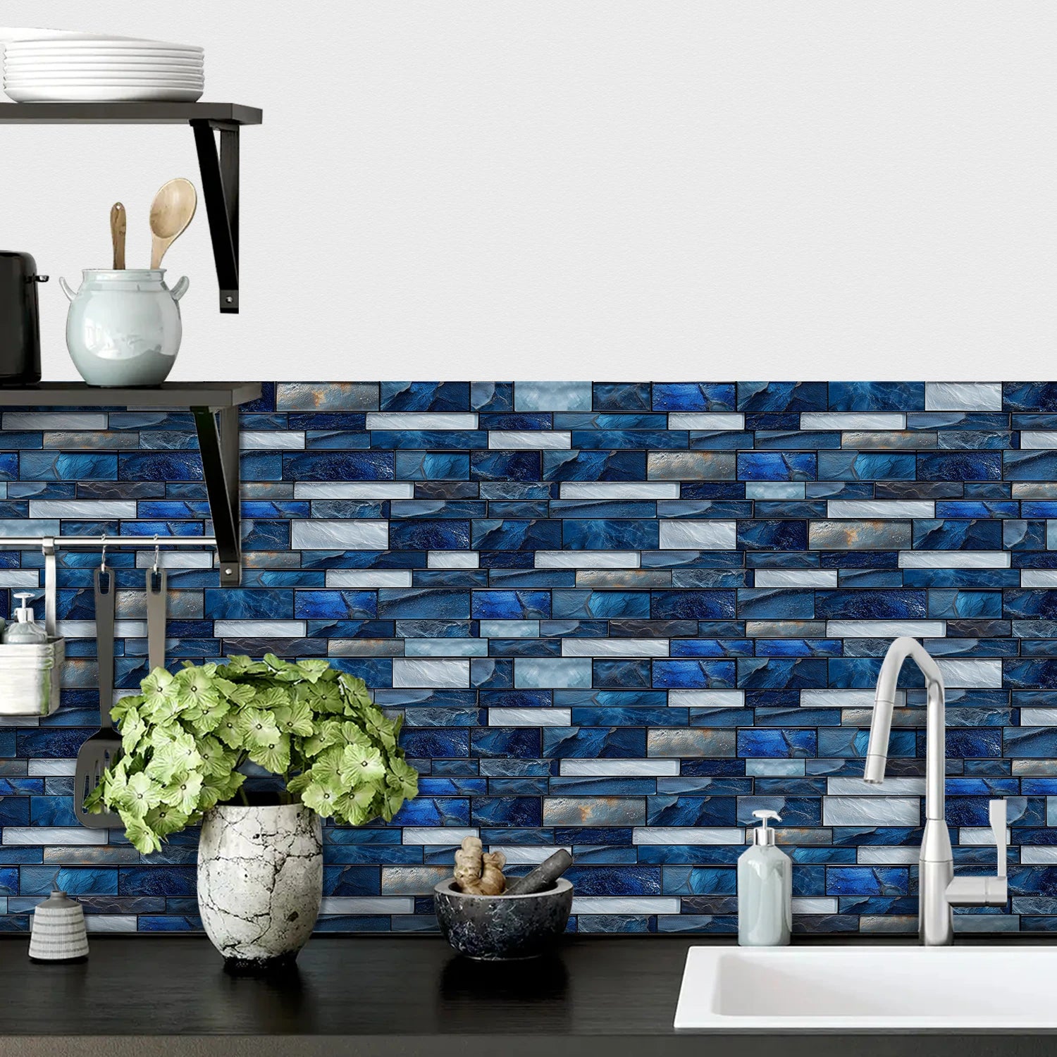 Self Adhesive Waterproof Imitation Marble Flat Wall Tiles Suitable for Indoor Wall Decoration (6/12/24/48 PCS)