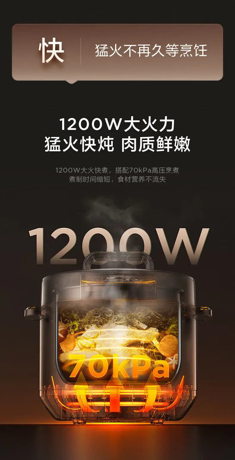 Electric pressure cooker with 1200W power graphic and visible steam