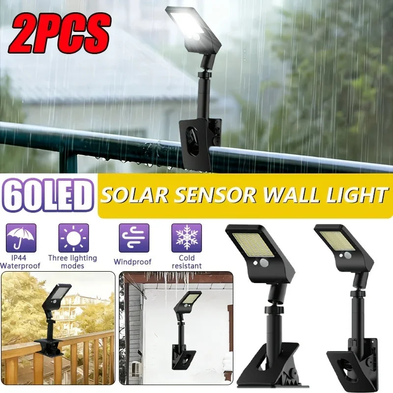 2-Pack Clip-On 60LED Solar Lights, 2 Adjustable Installation Modes, Solar Powered No Wiring Needed, 1500Mah Battery, Motion Sensor Auto On, for Yard, Fence, Balcony, Railing & Garage Lighting, Perfect Gift for Housewarming &