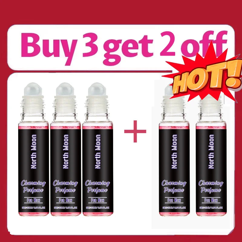 North Moon Pheromone Perfume for Men: 10ml roll-on bottle, long-lasting charming scent to attract women, 5-pack offer.