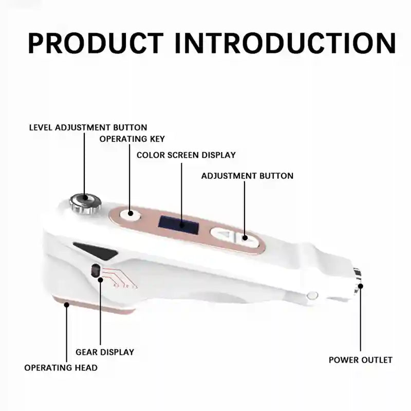 White and rose gold mini HIFU face lifting machine with digital screen, gear display, and adjustable settings.