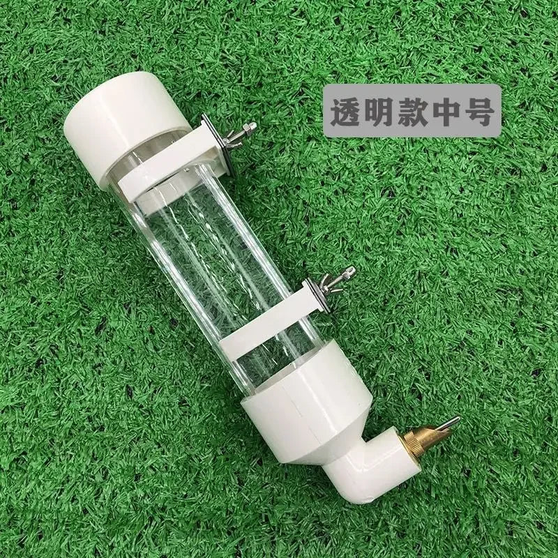Large transparent automatic water dispenser for parrots and birds, featuring a needle feeder for easy, mess-free hydration.