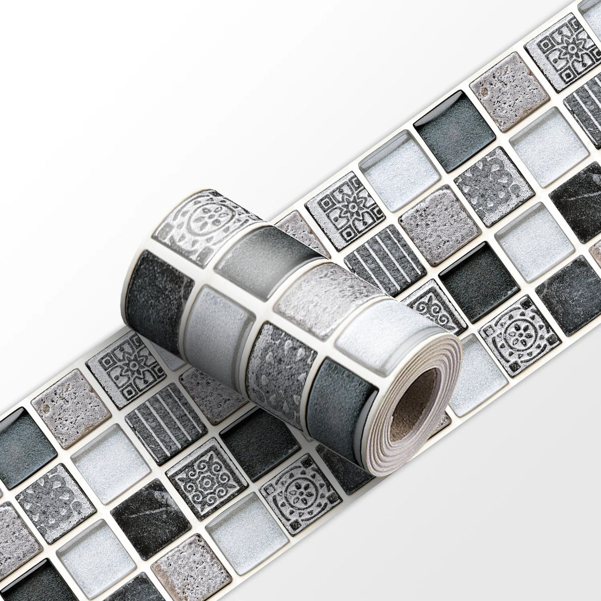 Peel-and-stick mosaic tile wall border sticker, black and silver square mosaic pattern roll