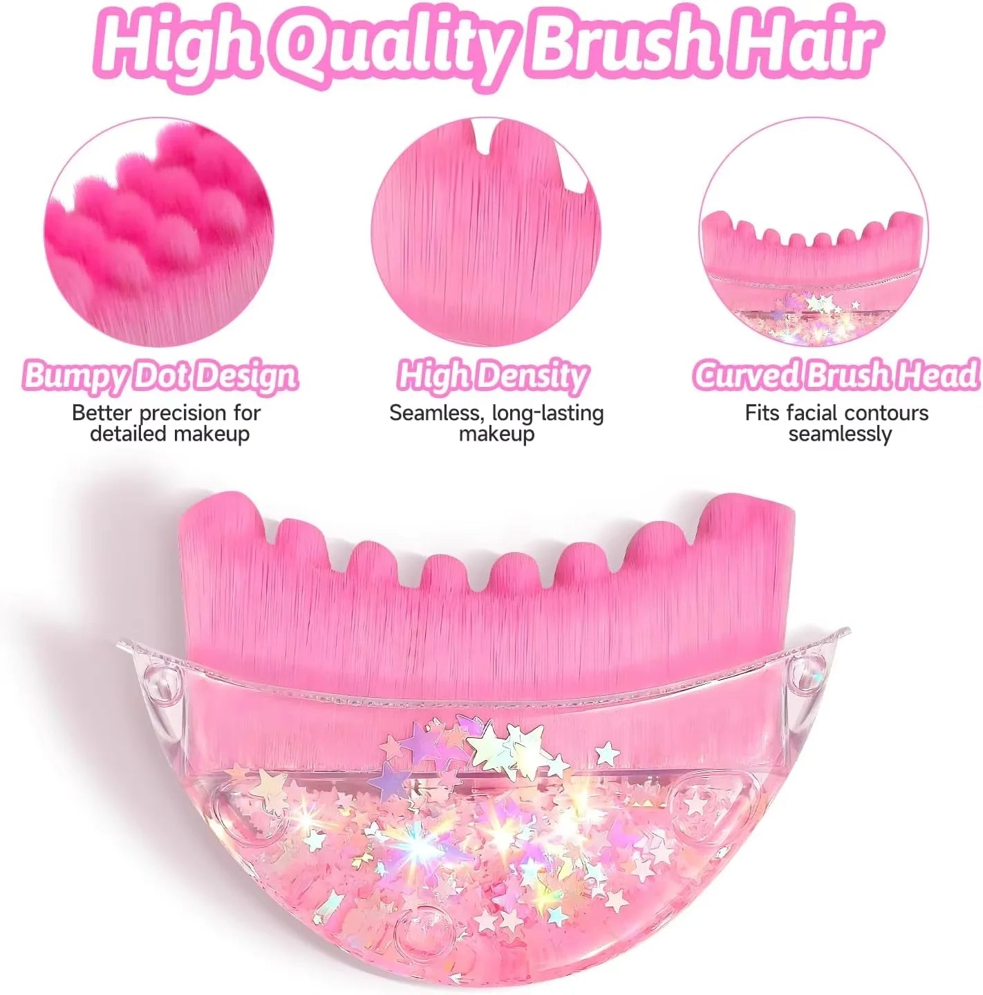 Pink curved facial contour brush with a bumpy edge and clear handle filled with holographic star glitter.