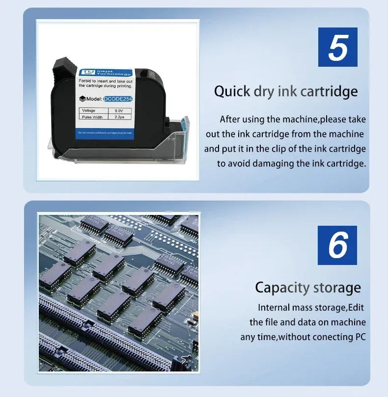 Handheld thermal inkjet printer with ink cartridge bay and visible internal electronics