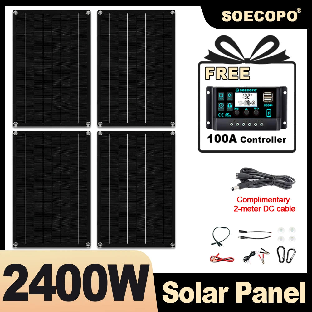 SOECOPO 10000W Solar Power Full Kit DC 12V - AC 110V 220V Inverter 100A Controller 2*600W Panels for Home System Camping