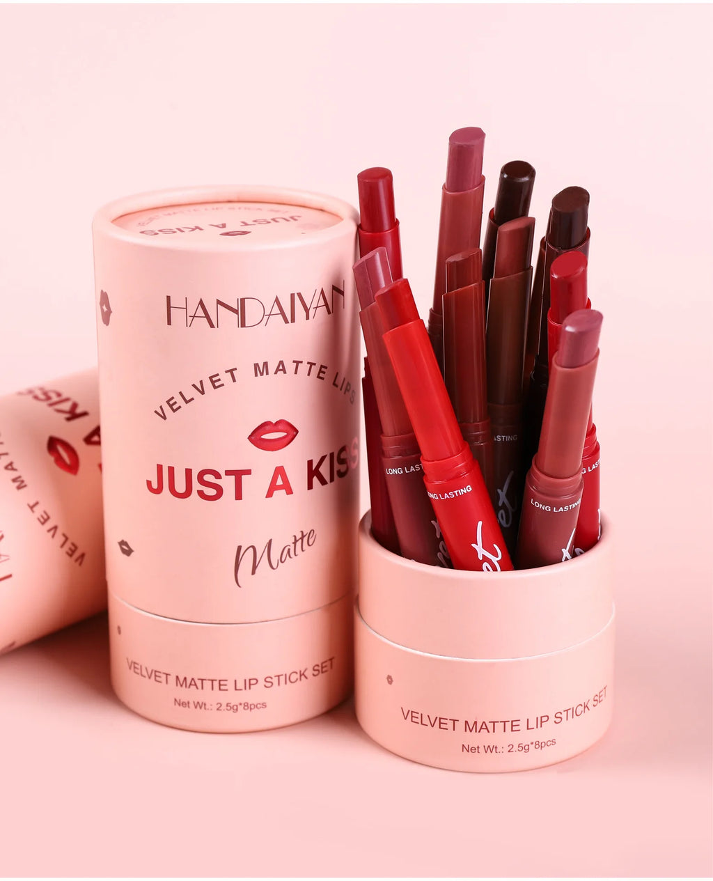 8-piece velvet matte lipstick set in pink gift box featuring long-lasting, highly pigmented shades for lip makeup.