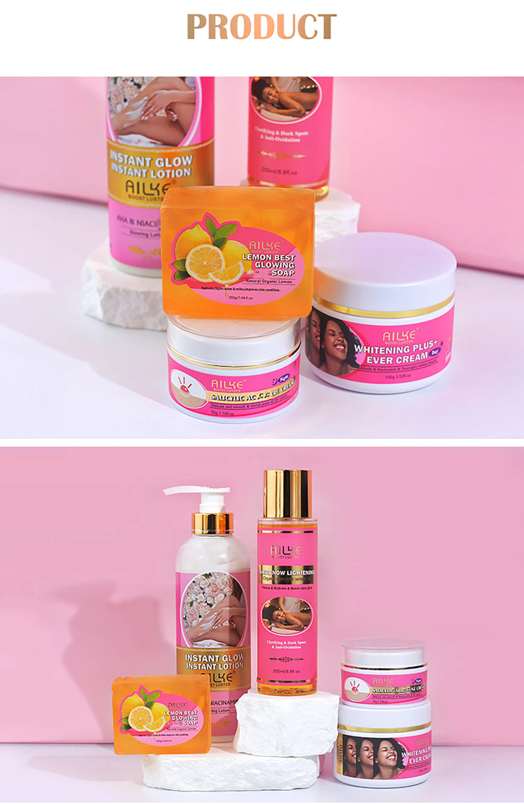 AILKE Natural Skin Brightening Set: Vegan skincare for acne, dark spots, and radiance with lemon soap and cream jars.