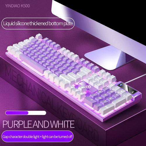 YINDIAO K500 104-key wired mechanical-feel gaming keyboard in purple and white with customizable LED backlighting.