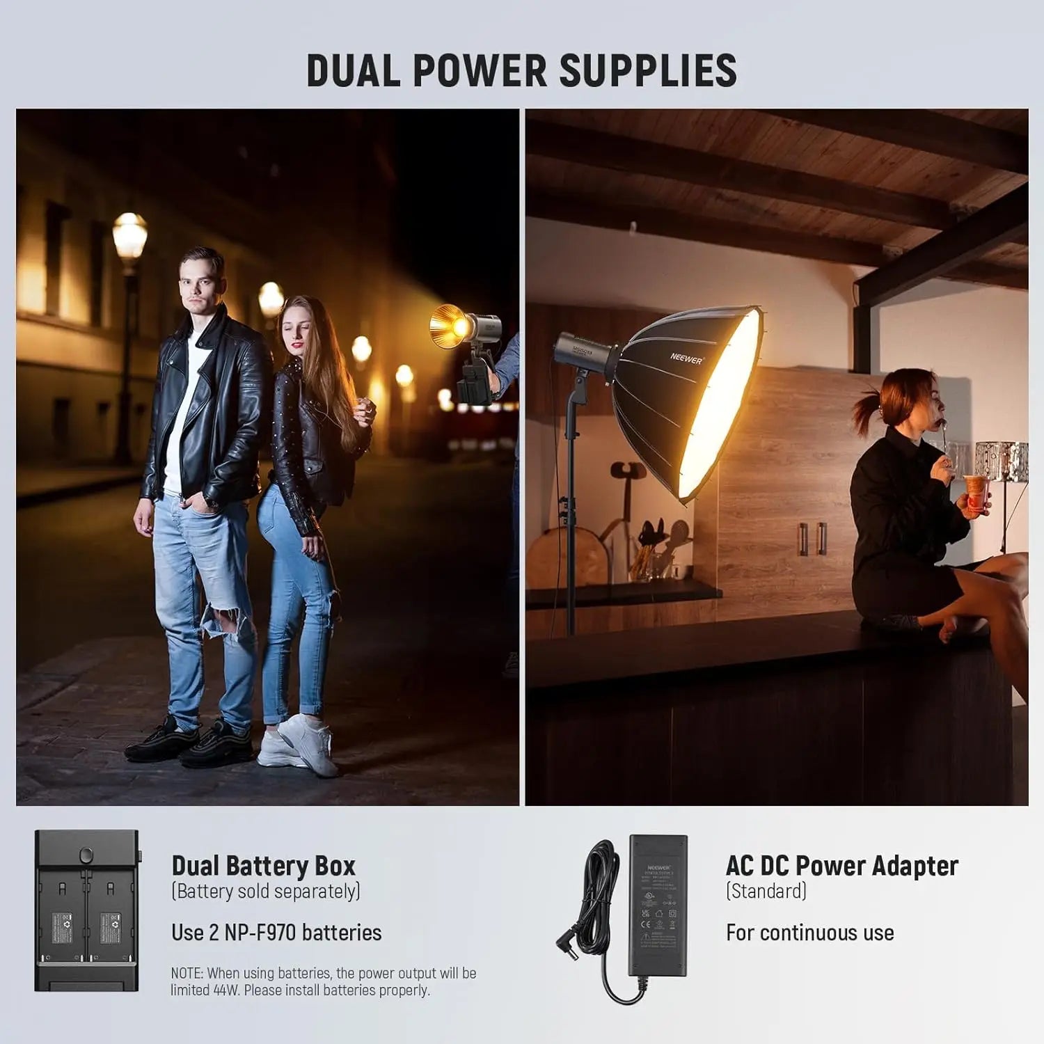 Dual power supply components: a black battery dock for two NP-F970 batteries and a black AC DC power adapter.