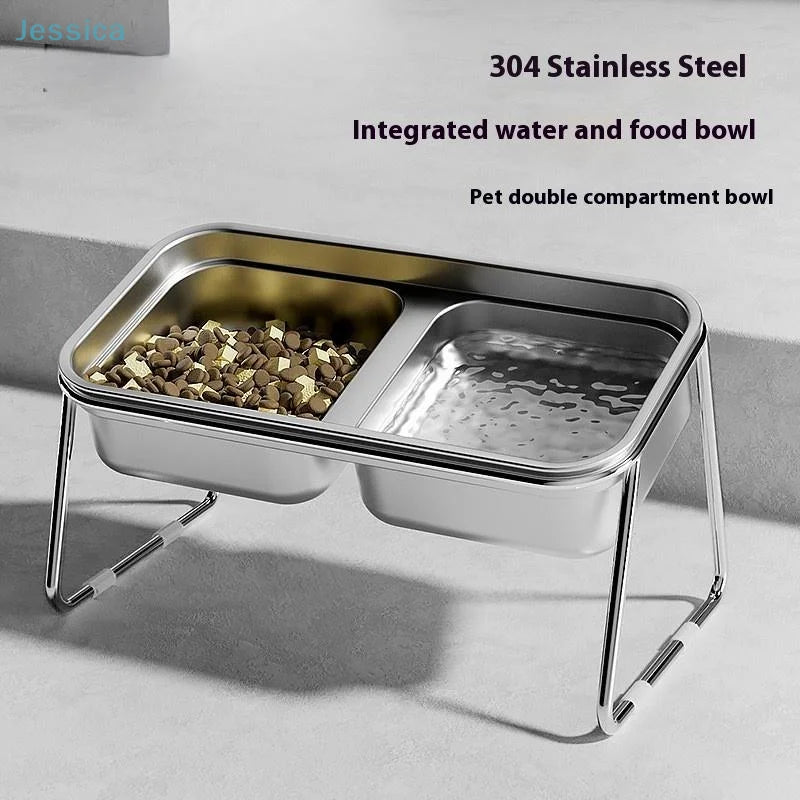 Slanted stainless steel double pet bowl for cats and dogs to prevent neck strain and improve feeding posture.