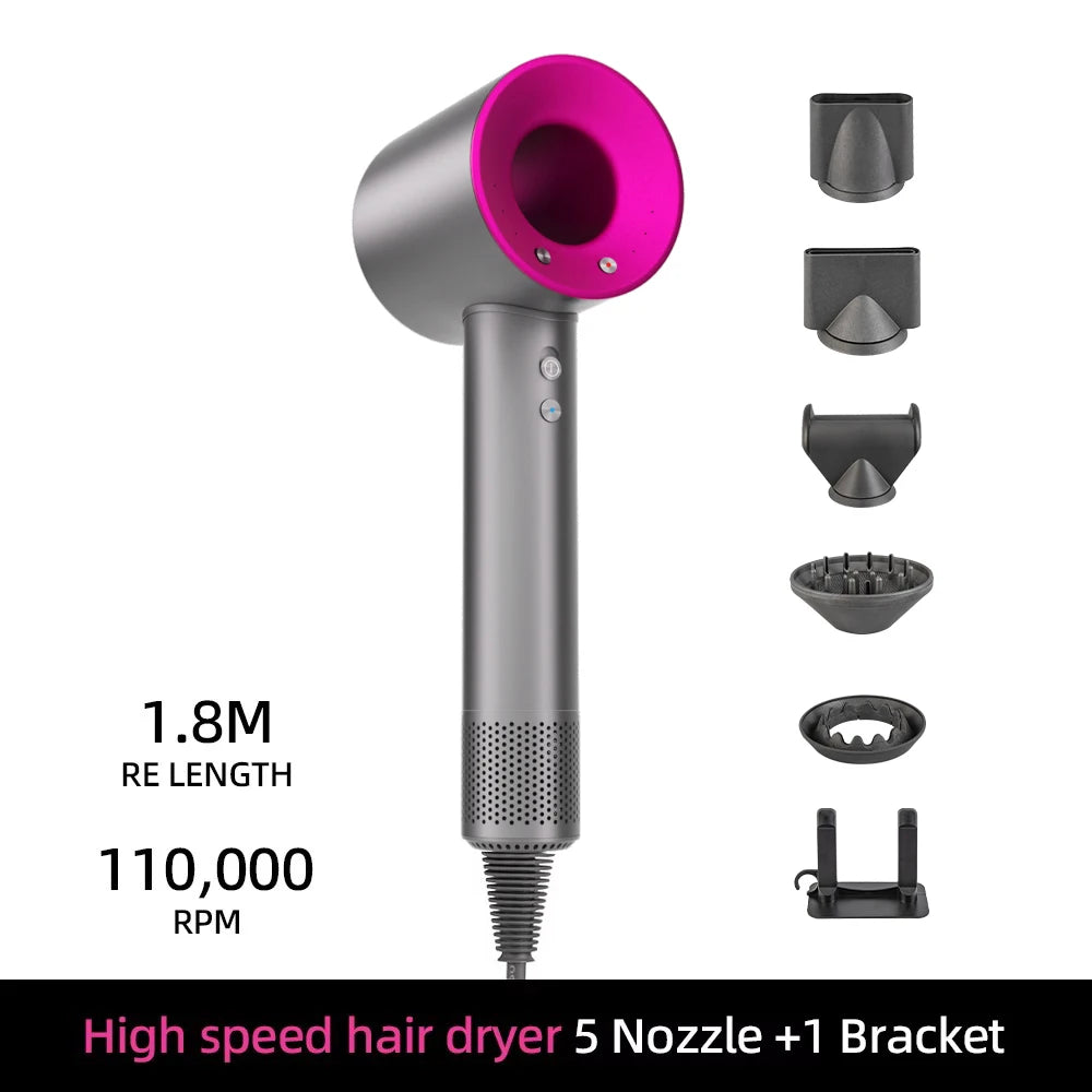 Grey and pink high-speed ionic hair dryer with 5 magnetic nozzles and wall bracket for fast, quiet salon drying.