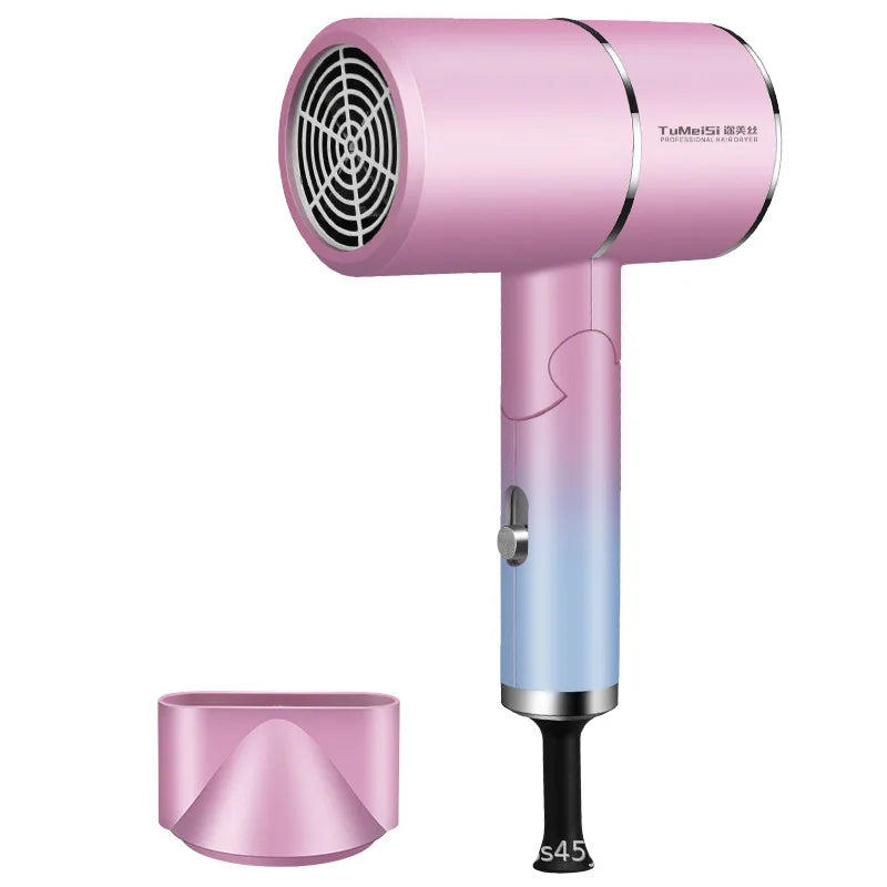 Pink and blue gradient mini foldable hair dryer with ionic blue light technology and a detachable concentrator nozzle.