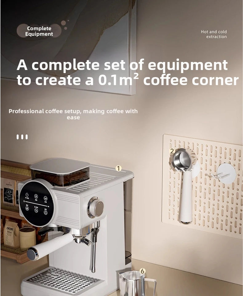 Modern white espresso machine with digital display, portafilter, and wall-mounted storage rack for coffee setup.