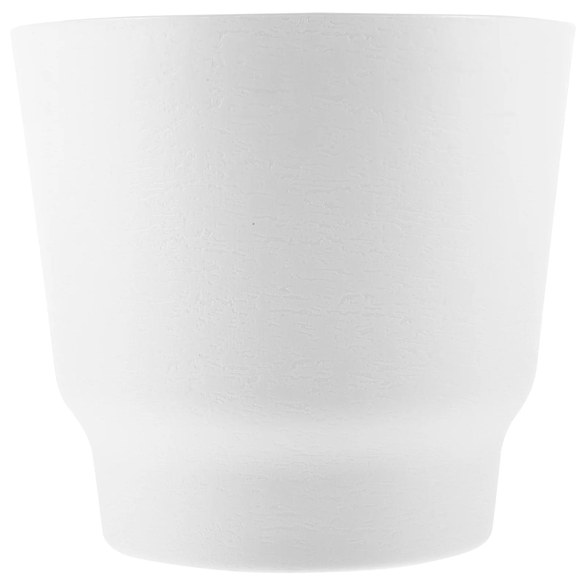 White plastic hanging planter pot with open rim and textured surface