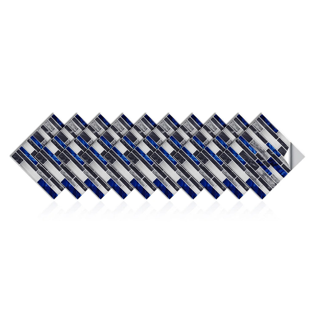 10-piece 3D mosaic tile stickers, blue-white and black brick pattern, self-adhesive
