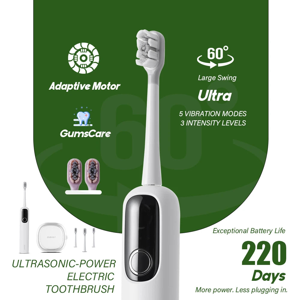 SUBORT S1 Sonic Oscillating Electric Toothbrush, 60° Swing, UV Sterilization Box, Copper-Free Brush Head, 220 Days Battery Life